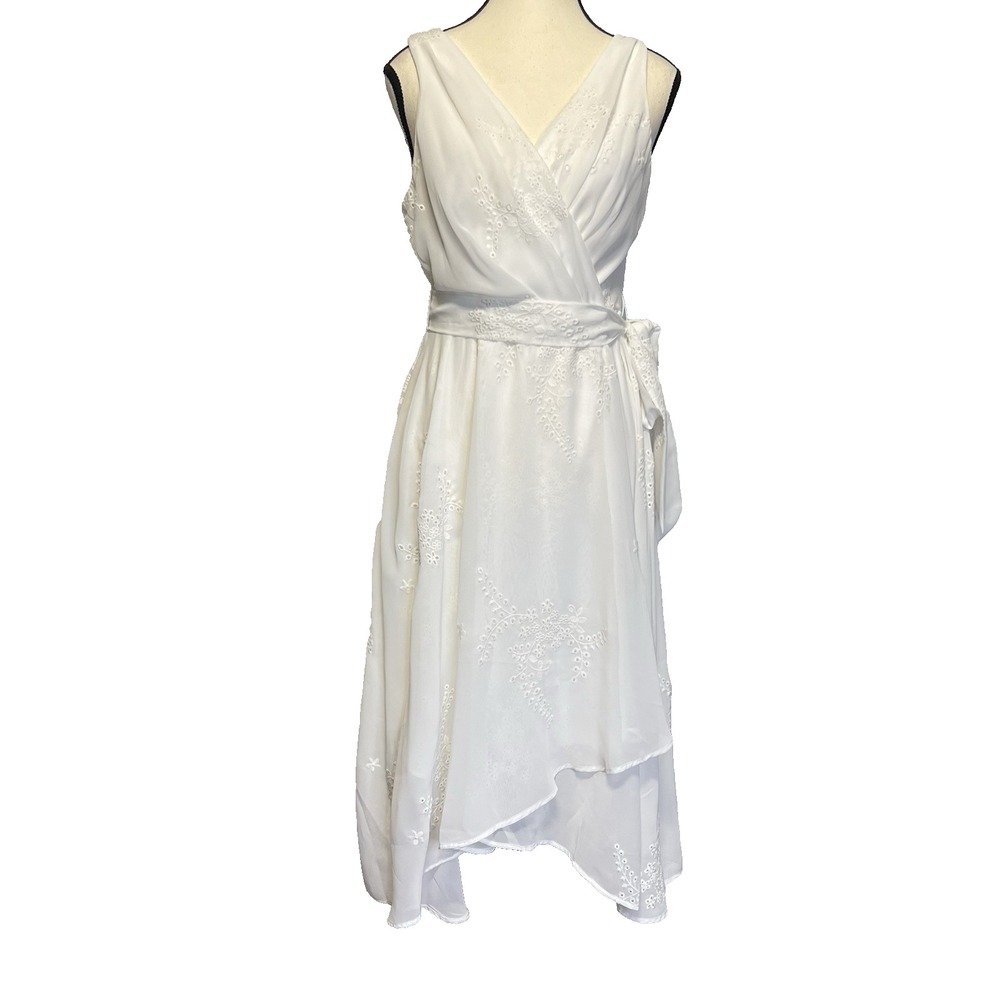 Dkny Womens Sz 6 Faux-Wrap Dress‎ White Floral Eyelet Embroidered Asymmetrical